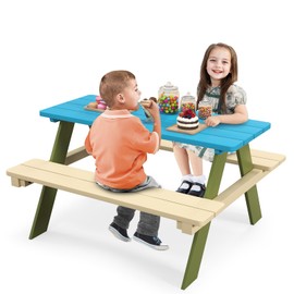 Costzon Kids Picnic Table, Acacia Wood Childrens Activity Table with Benches, Toddler Patio Furniture Set, Kids Table and Chair Set for Outdoors, Backyard, Garden, Lawn, Gift for Boys Girls 3+ (Green)