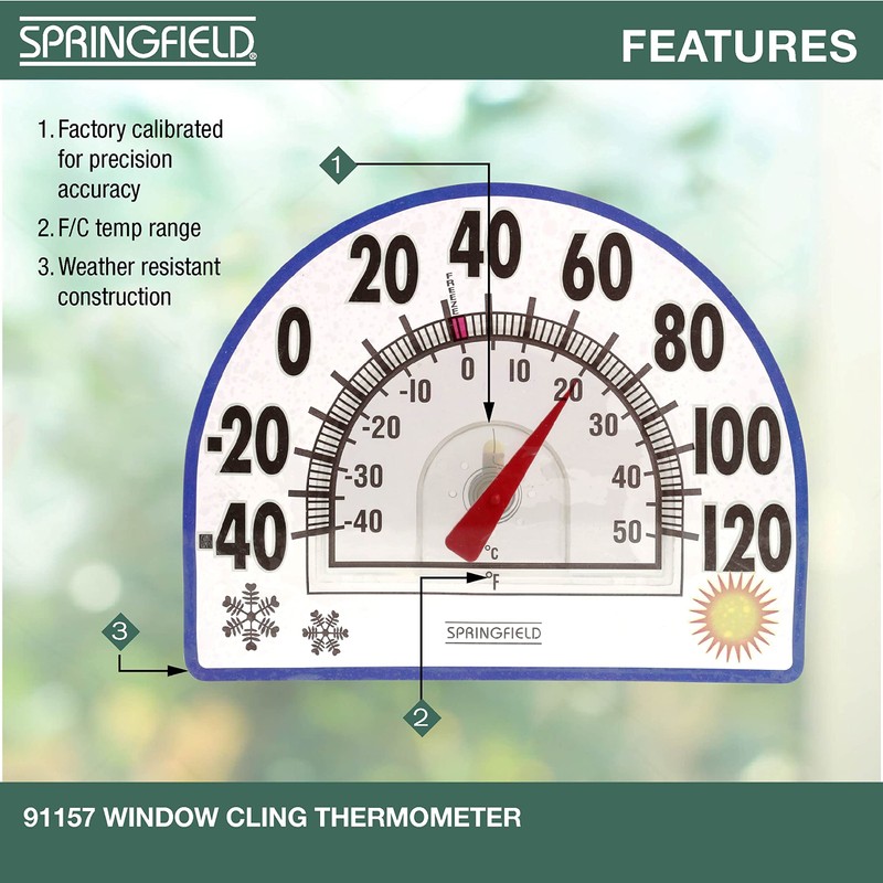 Springfield Static Cling Indoor Outdoor Thermometer, Temperature Gauge for Patio,