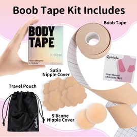 Quikobo Boob Tape, Achieve Chest Brace Lift & Contour of Breasts, Waterproof Sweat-Proof, hypo-allergenic Bob Tape, Sticky Body Tape for Push up & Shape, 16ft Extra-Long Roll & 2in standard width