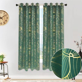 Moslovstar Green Blackout Curtains Gold Leaves Pattern Foil Print Thermal Insulated Window Drapes Grommet Top, 2 Panels 52" W x 96" L