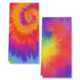 Retro Hippie Rainbow Colored Tie Dye Spiral Swirl Kitchen Towels & Tea Towels,Dish Cloth Flour Sack Hand Towel for Farmhouse Kitchen Bathroom Decor,24x16 Inches Cotton Dish Towels Dishcloths Set of 2