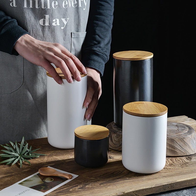 Modern Design Food Storage Container with Airtight Wooden Lid, Ceramic