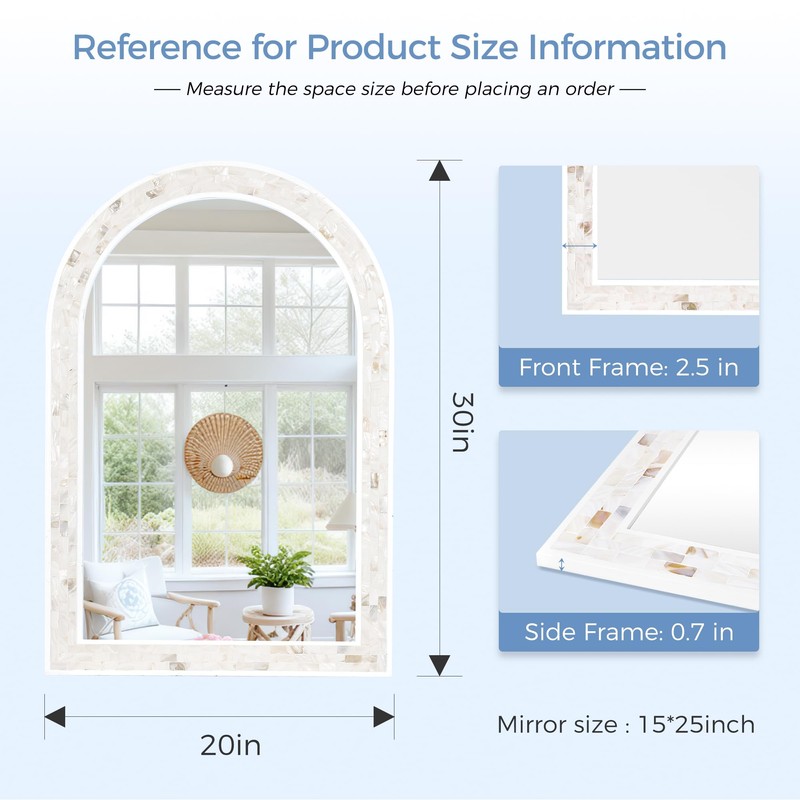 Tanmicoshomy Arched Bathroom Mirror 20x30 Inches, Natural Shell and White
