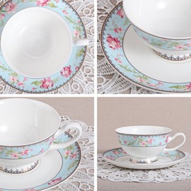 fanquare 6.8 oz Pink Floral Bone China Cup and Saucer Set with Spoon