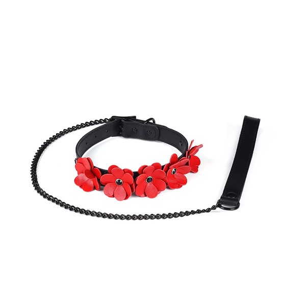 Liebe Seele Cosplay SM Goods, Collar with Lead, Choker, Flower, Genuine Leather, Red