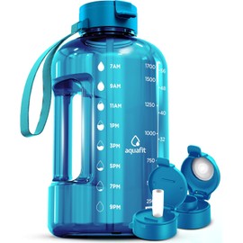 AQUAFIT 64 oz Water Bottle with Time Marker - Straw & Chug Lid - BPA Free Half Gallon Gym Water Bottle with Handle - Big Gallon Jug (Aqua, 64 Ounces)