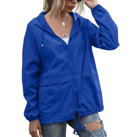 PESION Women's Waterproof Raincoat Lightweight Rain Jacket Hooded Windbreaker Royal Blue XL