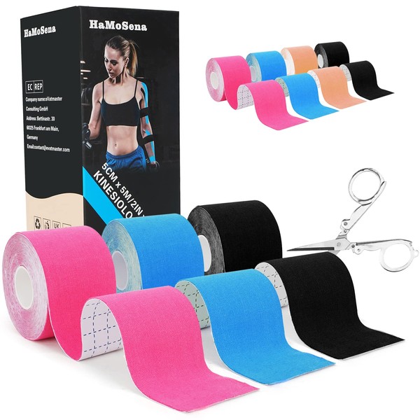 3 Rolls of Kinesiotapes (5 m x 5 cm), Physio Tape, Waterproof & Elastic Kinesiology Tape, Skin-Friendly Kinesio Tapes for Sports, for Knee, Shoulder and Elbow, Muscle Tightening Bands