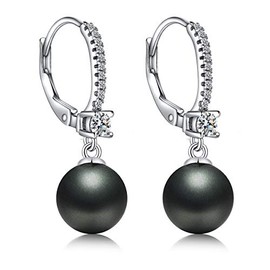 JiayangJY 18K White Gold Black Pearl Earrings for Women, 5A CZ Diamonds Sterling Silver Dangle Earrings with 10MM Pearls