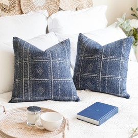 BlissBlush Dark Blue Decorative Throw Pillow Covers 18X18, Set of 2, Boho Farmhouse Cushion Cover, Cozy Soft Accent Pillowcase for Couch Sofa Bed Living Room Home Décor
