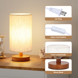 Fenmzee Small Table Lamp for Bedroom - Inline Control, Bedside Lamp with 3000K A15 LED Blub, Easy Assembly (Cream Shade - Walnut Base, 9" Inline Control)