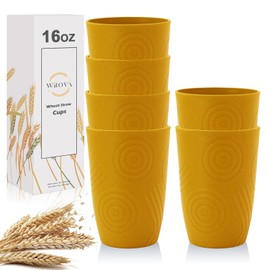 Wheat Straw Water Cups 16oz with Etched Pattern - Alternative Plastic Drinking Glasses Set of 6 - Reusable Tumbler Cups for Kids - Yellow
