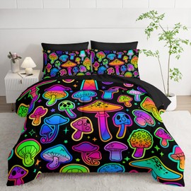 Axolotl Colorful Mushroom Comforter Set,Black Gradient Bedding Set for Kids Teens Adults 7Pc Cute Neon Mushroom Bed Set with 4 Pillow Shams,1 Flat Sheet 1 Fitted Sheet,Black