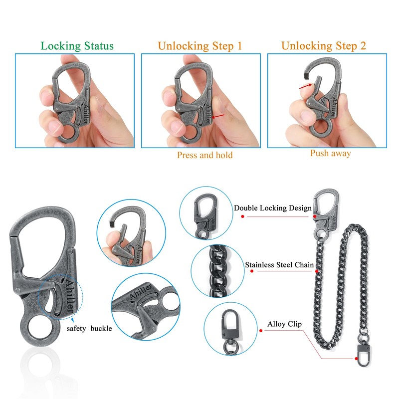[Ahiller] Sturdy Wallet Chain, [Double Locking Carabiner, Stainless Steel Chain],