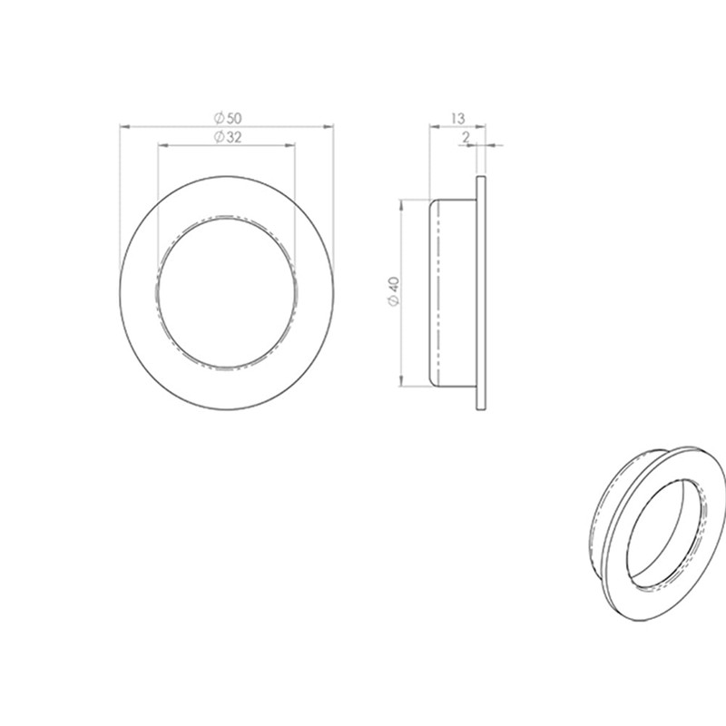 Circular Low Profile Recesesd Flush Pull - 50mm Diameter- Bright