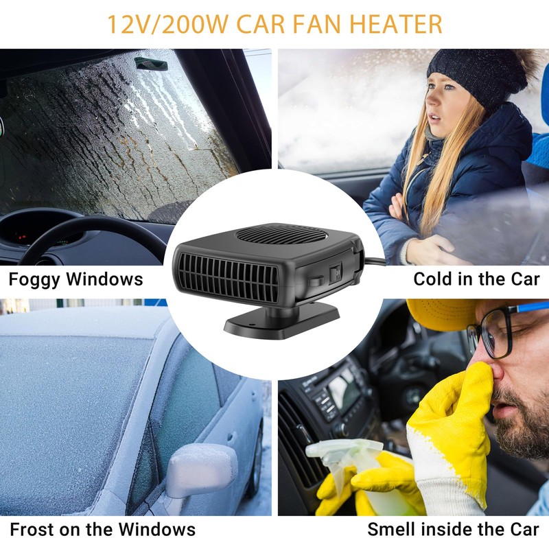 12V Car Heater, 200W Portable Windshield Defroster with Heating/Cooling Fan