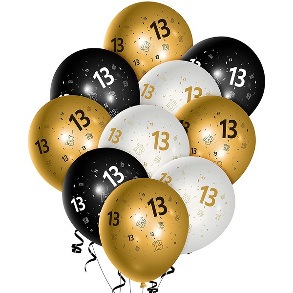 WATINC 36Pcs 13th Birthday Latex Balloons, 12inch Black Gold White Balloon for Official Teenager Happy 13th Birthday Decorations, Anniversary Party Supplies,13th Party Sign for 13 Years Old Boys Girls