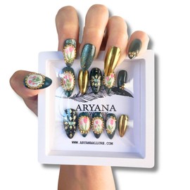 Aryana New York Press On Nails Handmade with Full Covered Crystal and Flowers, Reusable Fake Nails, Luxury Almond 3D Nail Set,10 PCS Acrylic Handmade Nails, Flower Collection - (Medium)