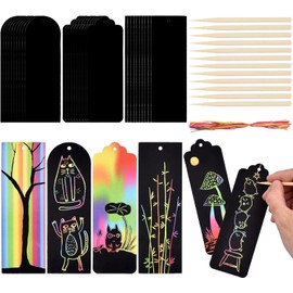 Pack of 30 Scratch Picture Bookmark Set, Scratch Pictures for Children, Scratch Pictures, Bookmarks, Magic Rainbow Scratch Paper with 30 Ribbons and 12 Sticks for Birthday, Craft Supplies, DIY Gift