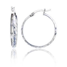 Sterling Silver Mirror Diamond Cut Polished Hoop Earrings for Women | 3x25mm Round Hoop Earrings | Secure Snap Bar Closure | Shiny Classic Earrings