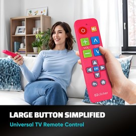 EZclicker Plus Big Button Universal TV Remote (Pink) Simple Easy to Use, Works with Major TV Brands (2xAAA Batteries Not Included)