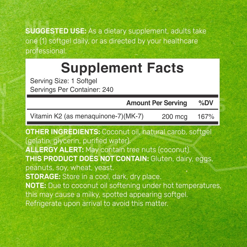 DEAL SUPPLEMENT Vitamin K2 MK-7 200mcg Per Serving, 240 Coconut