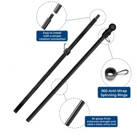 Pack 2 - FFN 5’ Foot Premium Tangle-Free Carbon-Fiber Flag Pole with 2 Flag Rings, Ideal for Trucks, Vehicles, or SUVs, Perfect for 2x3FT, 3x5FT, and 4x6FT Flags (5ft Pole Only, Flag Not Included)