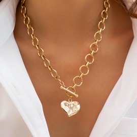 ALRNBY Gold Heart Necklace for Women Dainty Toggle Heart Drop Necklace Pendant O-Link Chain Statement Chunky Silver Necklace Valentines Jewelry Gift Trendy (S2 Gold)