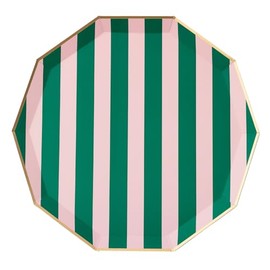 Bonjour Fête Pink & Green Cabana Stripe Party Plates | Gold Foil Sturdy Disposable Plates for Holiday, Baby Showers & Birthday Decorations | Premium Party Supplies & Decorations | Pack of 8, 10.75"