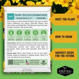 Survival Garden Seeds - Native Lanceleaf Tickseed Seeds for Planting (Coreopsis lanceolata) | Golden Yellow Blooms | Heat & Drought Tolerant Wildflower - 1 Pack