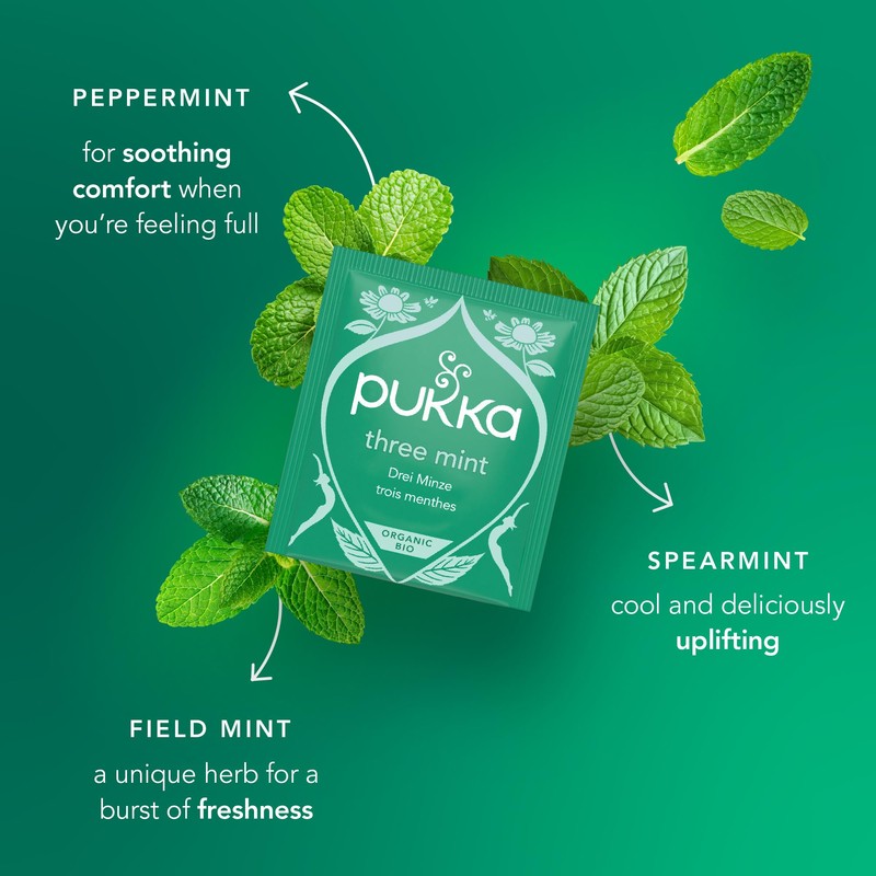Pukka Three Mint Organic Herbal Tea Bags, After-Dinner Tea, Bags,