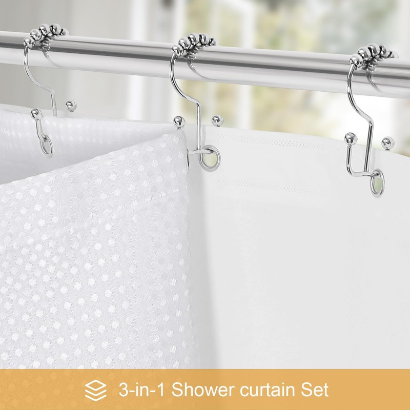 Craidlela 3-in-1 White Waffle Shower Curtain Set, Waterproof Fabric Modern