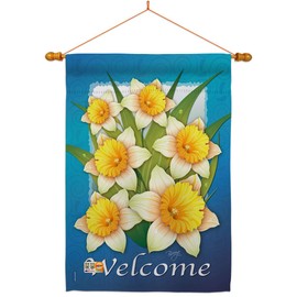 Breeze Decor Floral Daffodils House Flag Dowel Set Spring Sunflower Tulip Rose Orchid Lilies Season Springtime Flower Wreath Small Decorative Gift Yard Banner Made in USA 28 X 40