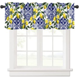 Blue Tiles Lemon Valance Curtain Summer Fruit Chic Rod Pocket Valance Window Treatments Short Curtains for Kitchen Farmhouse Living Room Bathroom Decor 54x18inch