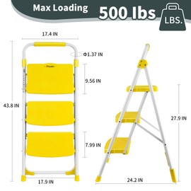 TOOLITIN 3 Step Ladder, Folding Step Stool with Wide Anti-Slip Pedal, 500lbs Sturdy Steel Ladder, Convenient Handgrip, Lightweight, Portable Steel Step Stool for Household, Kitchen, Office