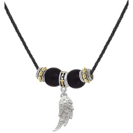 Delight Jewelry Silvertone Textured Angel Wing - Two-tone Cross Black Beaded Necklace, 18"+2"