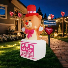 InfleasJoiy 4FT Bear Standing on Gift Box Inflatable Decoration, Valentine's Day Outdoor Inflatable Decoration with LED Lights, Holiday Celebration Decorations for Yard, Lawn and Patio