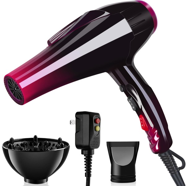 Powerful Hair Dryer Ionic Blow Dryers 3500W Professional Blow Dryer Built-in Powerful AC Motor, 3 Heating/2 Speed/Cold Settings, with 2 Nozzles and 1 Diffuser, for Home Salon Men Women Purple