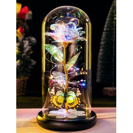 Pusuny Gifts for Women Birthday Gifts for Women, Galaxy Glass Rose Forever Eternal Crystal Flower Light Up Rose in Glass Dome with Butterfly for Women Her Mom Wife Friend Colorful