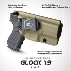 Glock 17/19 Holster, IWB Kydex Tailored Fit: Glock 17/19/19X/26/44/45 Gen(1 2 3 4 5) & Glock 23/32 Gen(3-4) Pistol, Inside Waistband Concealed Carry, Adj. Posi-Click Retention & Cant, Right Hand, Tan