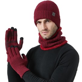 Enwokran Beanie Hat Scarf Gloves Set, Unisex Elastic Knitted Hat Neck Warmer Snood Touch Screen Gloves with Thicken Fleece Inner Lining for Outdoor Sports Circle Skiing Fishing Camping (Claret)