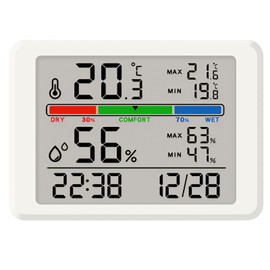 Digital Temperature Thermometer Indoor Hygrometer LCD Display Temperature Gauge Sensor Room Humidity Meter Monitor with Alarm Clock, Max/Min Records, Backlit, Date for Home Greenhouse White