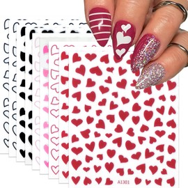 12Pcs Heart Nail Art Stickers Valentines Day 3D Self-Adhesive Nail Decals Cute Red and Black Heart Designs Acrylic Nail Decorations Love DIY Manicure Nail Accessories Nail Supplies for Women and Girls