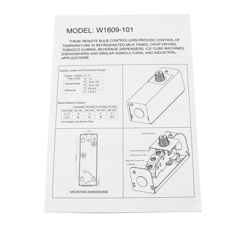W1609-101 Refrigeration Thermostat Temperature Controller from -30 Degrees F to