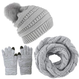 Yutdeng Winter Cable Knit Hat Scarf and Gloves Set Beanie Hat Outdoor Sports Touchscreen Gloves & Loop Scarf 3 Pcs Cold Weather Warm Set for Women,Grey