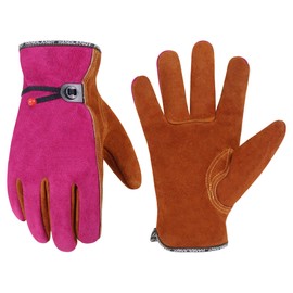 HANDLANDY Leather Work Gloves for Men and Women, Utility Tough Cowhide Glove for Gardening, Wood Cutting, Welding, Construction, Chainsaw, Truck Driving, Yard Working etc. - Camel Pink, Large