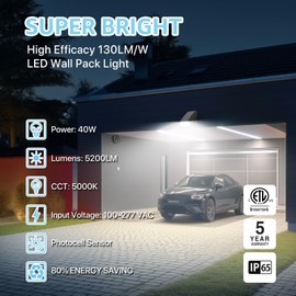 HYPERLITE LED Wall Pack Light: 40W 5200lm ETL Listed Full Cut Off Wall Pack Led Exterior Light with Photocell - 2PCS Adjustable Residential Led Security Lights Flood Light for Garage Yard Shop Doorway