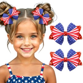 SAWINDA 4th of July Hair Bows Clip for Women 2 PCS Silky Satin Glitter Red White and Blue Hair Bows American Flag Star Patriotic Hair Ribbon Bow Clips 250th Anniversary Hair Accessories