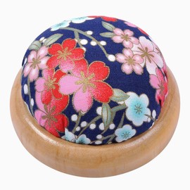 Wooden Base Blue Pin Cushion with Floral Print Needle Pincushion Japanese Style Round Sewing Needle Holder for Quilting Needlework DIY Crafts