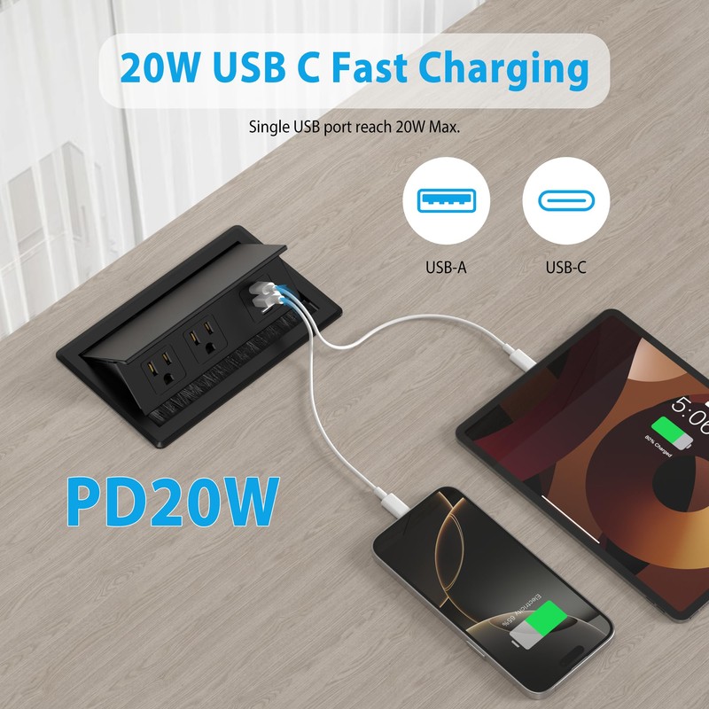 Table Power Outlet Hub PD20W USB-C Fast Charging Station, Recessed